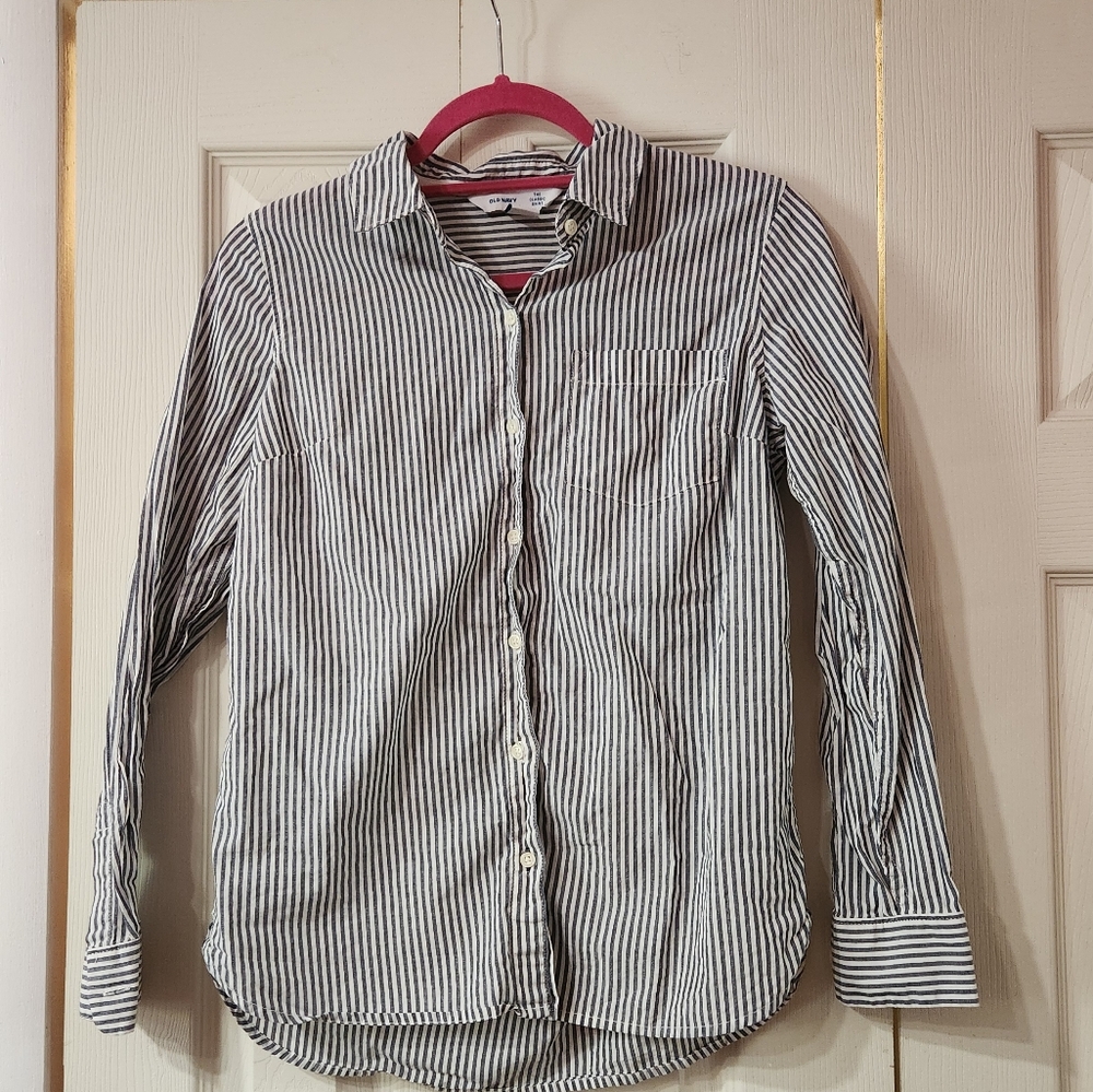 Women's blue and white striped button down shirt